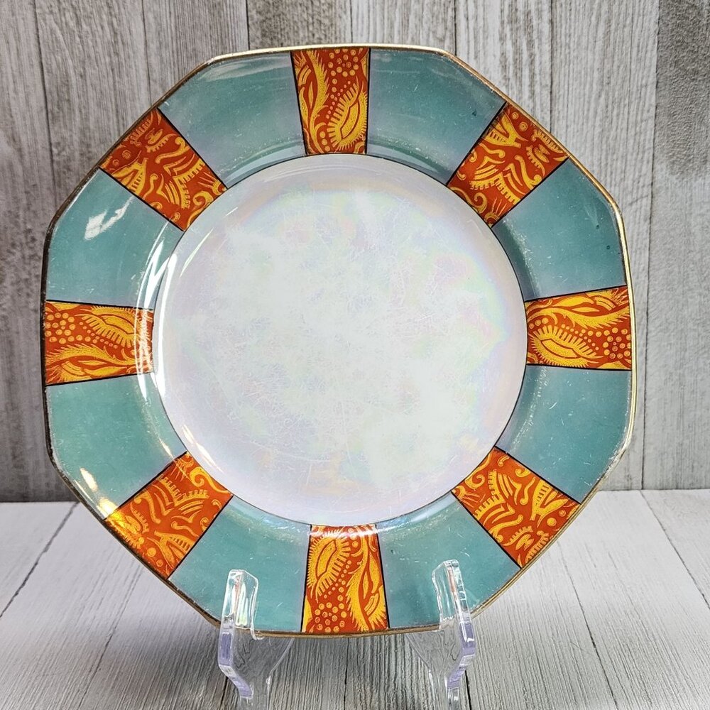 Noritake Hand Painted Octagon Dinner Plate Gold Rim 8'' Made in Japan